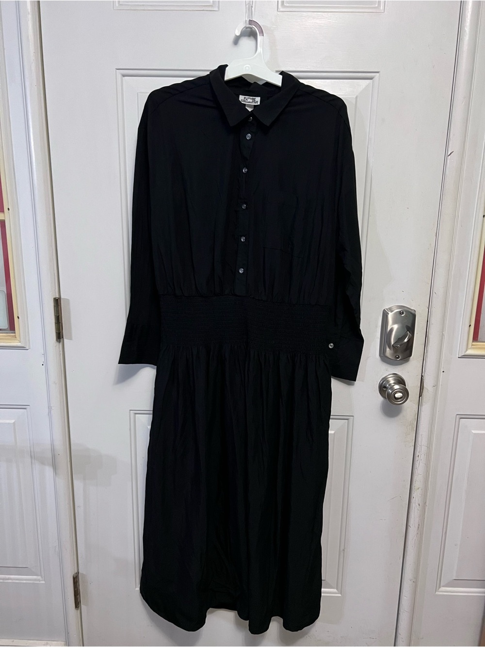 Future Collective Black Midi Shirt Dress Smocked Waist Long Sleeve NWT XS